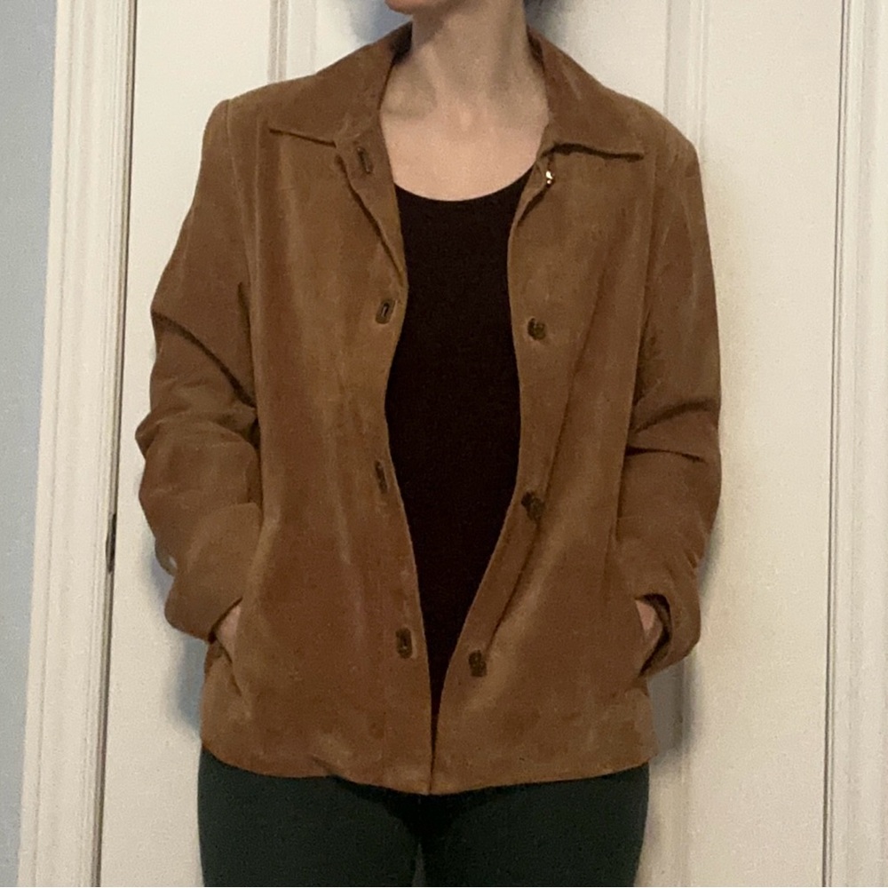 100% Suede Leather Jacket Coat • Brown • Metal  Closures
